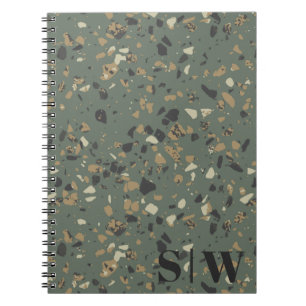 Modern Sage Green Tan Terrazzo Initialen Monogram Notitieboek