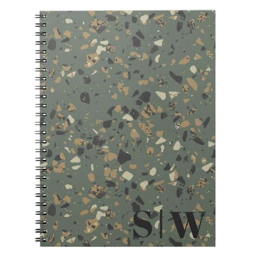Modern Sage Green Tan Terrazzo Initialen Monogram  Notitieboek (Voorkant)