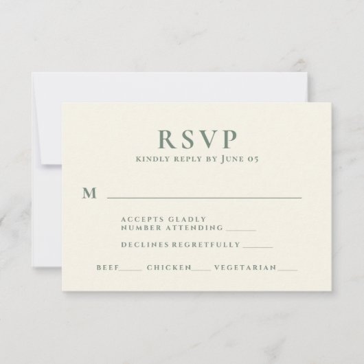 Modern Sage Green Text Meal Choice Weddenschap RSVP Kaartje (Voorkant)
