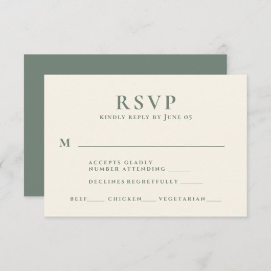 Modern Sage Green Text Meal Choice Weddenschap RSVP Kaartje (Voorkant / Achterkant)