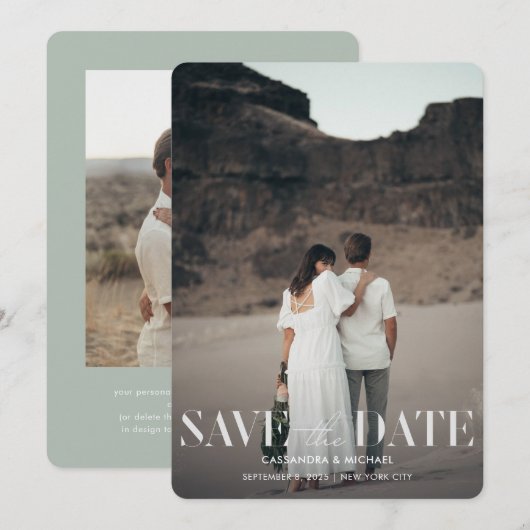 Modern Sage Green Two Photo Wedding Save Date Kaart (Voorkant / Achterkant)