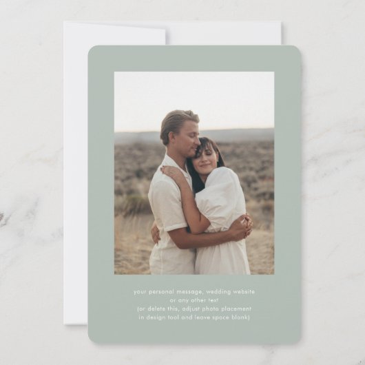 Modern Sage Green Two Photo Wedding Save Date Kaart (Achterkant)