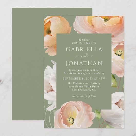 Modern Sage Green Waterverf Floral Wedding Kaart (Voorkant / Achterkant)