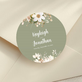 Modern Sage Green Waterverf Floral Wedding Ronde Sticker