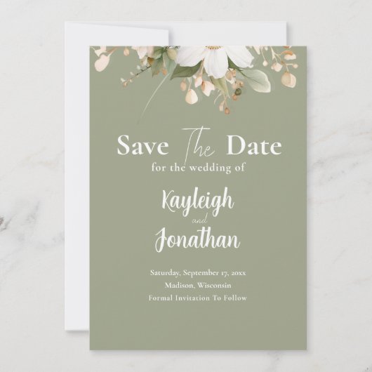 Modern Sage Green Waterverf Floral Wedding Save The Date (Voorkant)