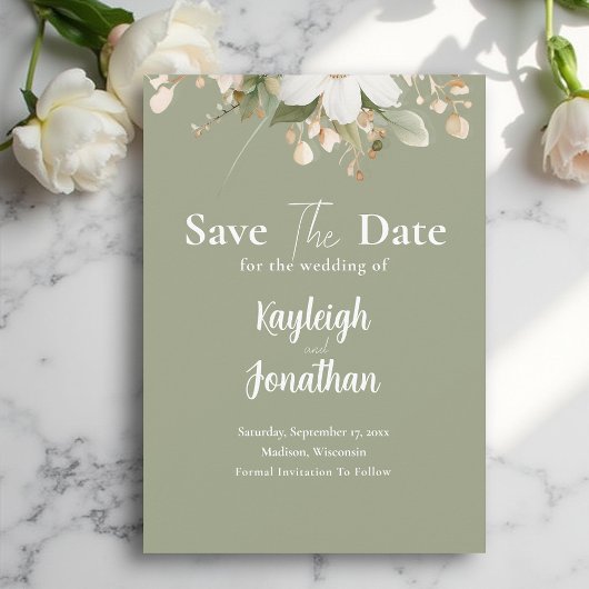 Modern Sage Green Waterverf Floral Wedding Save The Date