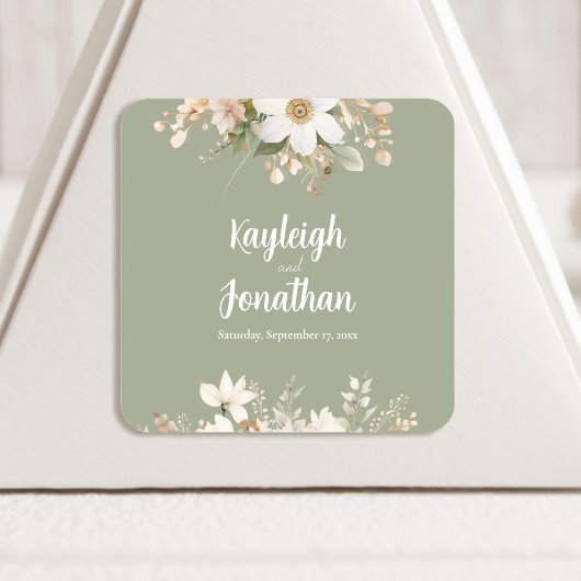 Modern Sage Green Waterverf Floral Wedding Vierkante Sticker