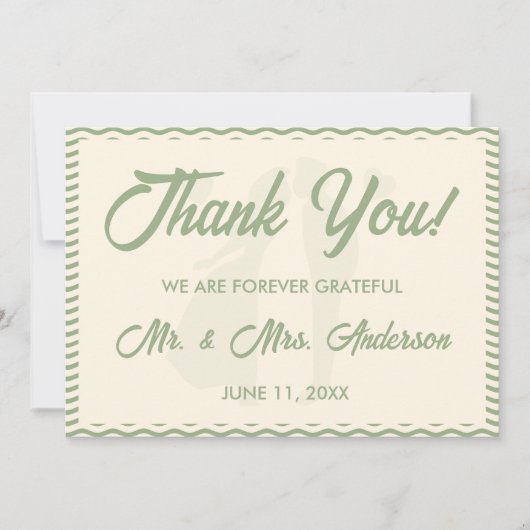Modern Sage Green Wavy Stripe Photo Wedding Bedankkaart (Voorkant)