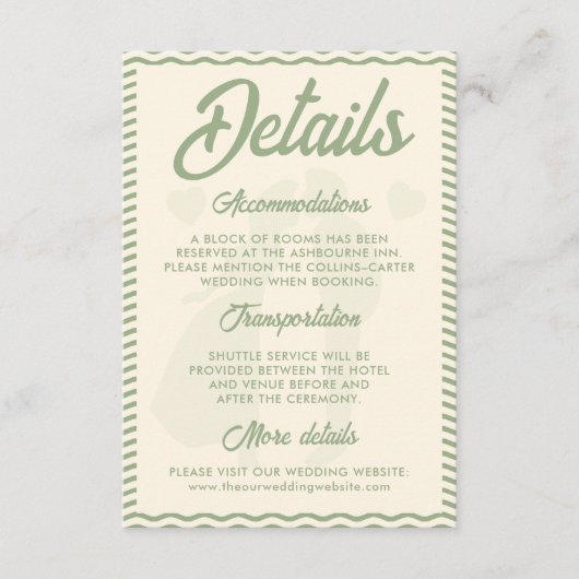 Modern Sage Green Wavy Stripe Wedding Details Informatiekaartje (Voorkant)