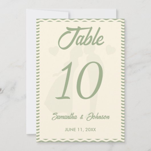 Modern Sage Green Wavy Stripe Wedding Table Number Kaart (Voorkant)