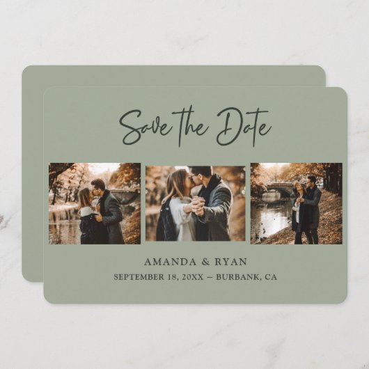 Modern Sage Green Wedding 3 Foto Save The Date (Voorkant / Achterkant)