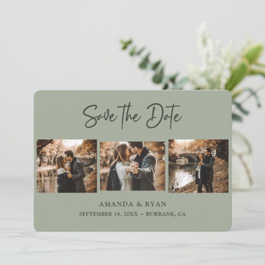 Modern Sage Green Wedding 3 Foto Save The Date (Staand voorkant)