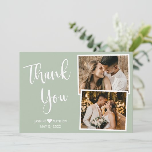 Modern Sage Green Wedding Dank u Collage Kaart (Staand voorkant)