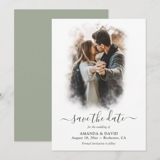 Modern Sage Green Wedding Foto Save The Date (Voorkant / Achterkant)