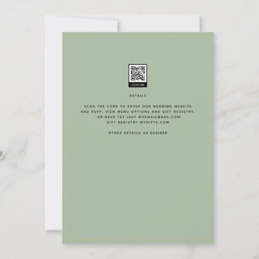 Modern Sage Green Wedding Invitation Kaart (Achterkant)