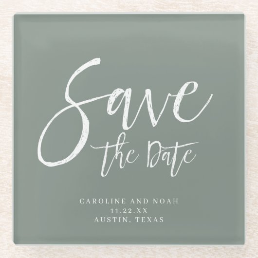 Modern Sage Green Wedding Save the Date Glazen Onderzetter (Voorkant)