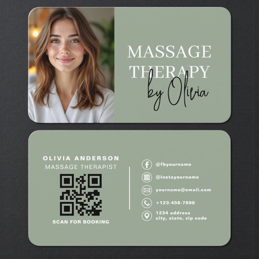 Modern Sage Green Wellness Spa Therapist Visitekaartje