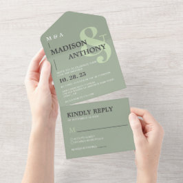 Modern Sage Green Whimsical Ampersand Wedding All In One Uitnodiging