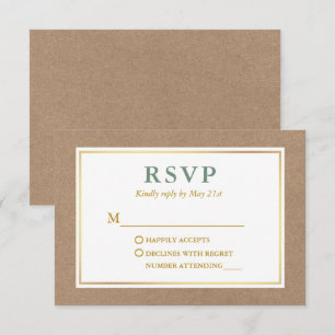 Modern Sage Green White Gold Kraft RSVP Kaartje