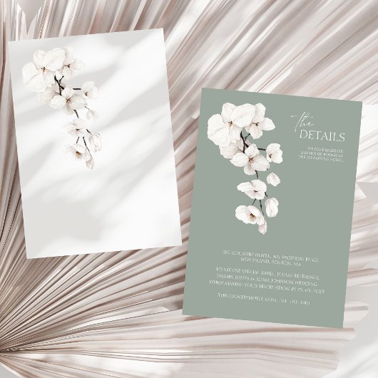 Modern Sage Green White Orchids Weddenschap Detail Informatiekaartje