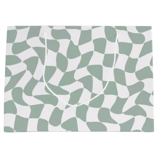 Modern Sage Green & White Wavy Checkerboard Groot Cadeauzakje (Voorkant)
