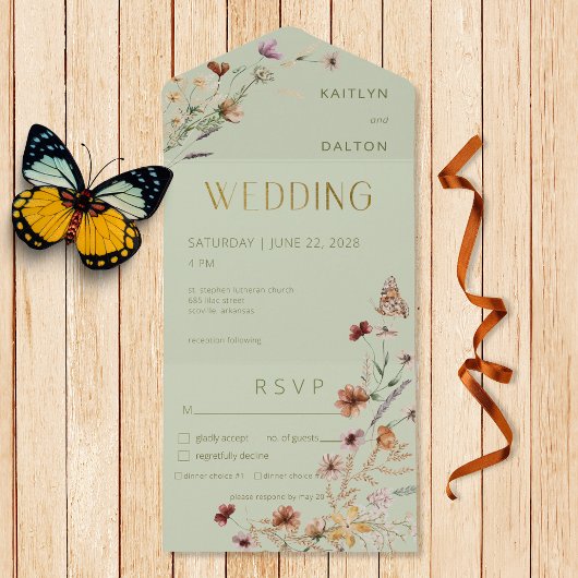 Modern Sage Green Wildflower Bouquet Dinner All In One Uitnodiging