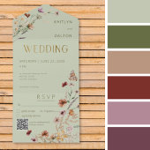 Modern Sage Green Wildflower Bouquet QR Code All In One Uitnodiging
