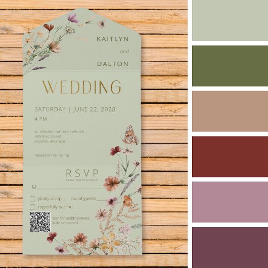 Modern Sage Green Wildflower Bouquet QR Code All In One Uitnodiging