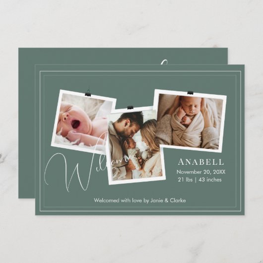 Modern Sage Green Zigzag 3 Photo Collage Birth  Aankondiging (Voorkant / Achterkant)