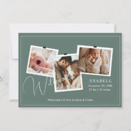 Modern Sage Green Zigzag 3 Photo Collage Birth  Aankondiging