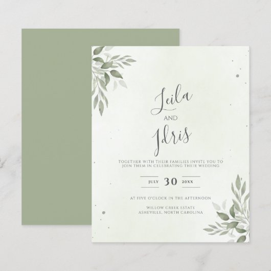 Modern Sage Greenery Budget Wedding Invitation (Voorkant / Achterkant)