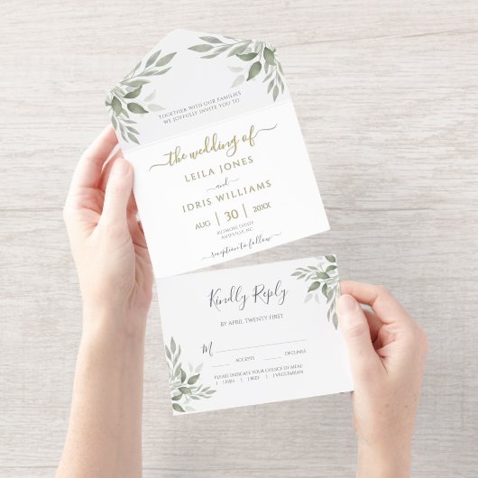 Modern Sage Greenery Gold Foil All In One Uitnodiging (Uittrekbaar)