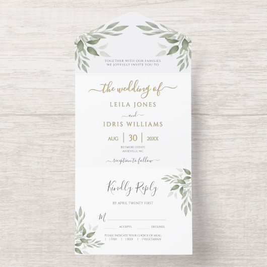 Modern Sage Greenery Gold Foil All In One Uitnodiging (Binnenkant)