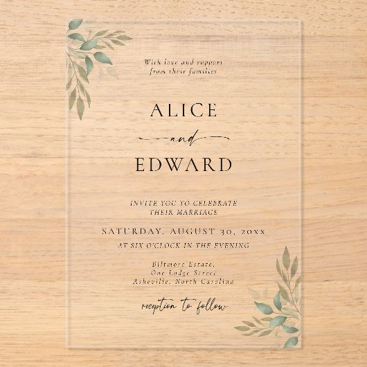 Modern Sage Greenery Wedding Acrylic Invitation Acryl Uitnodigingen (Voorkant)