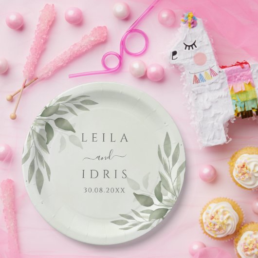 Modern Sage Greenery Wedding Paper Plates Papieren Bordje (Feest)