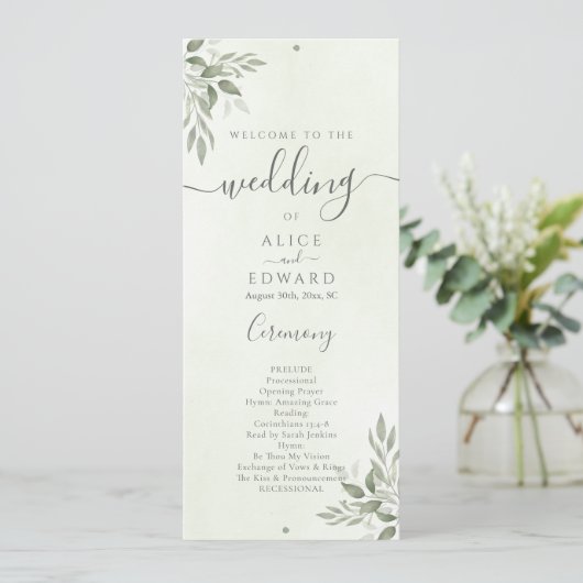 Modern Sage Greenery Wedding Program Car Programmakaart (Staand voorkant)
