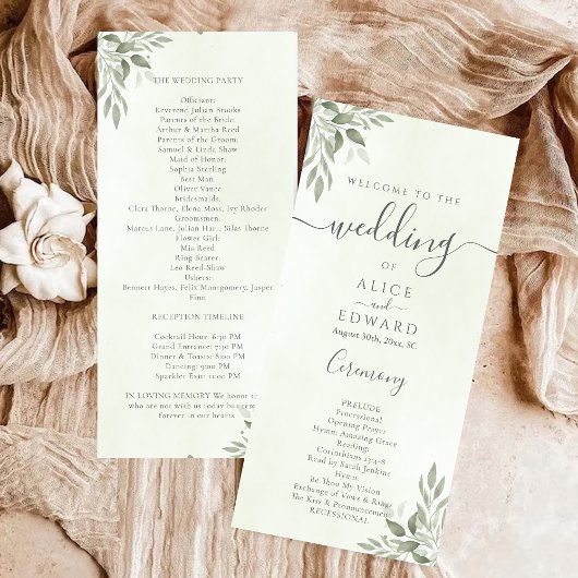 Modern Sage Greenery Wedding Program Car Programmakaart