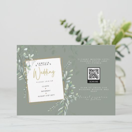 Modern Sage Greenery Wedding QR Code RSVP Kaart (Staand voorkant)