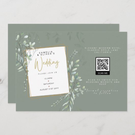 Modern Sage Greenery Wedding QR Code RSVP Kaart (Voorkant / Achterkant)