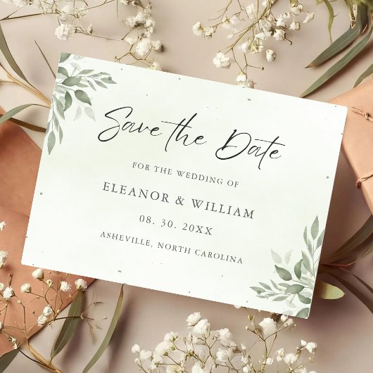 Modern Sage Greenery Wedding Save the Date Card