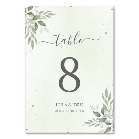 Modern Sage Greenery Wedding Table Numbers Kaart (Achterkant)