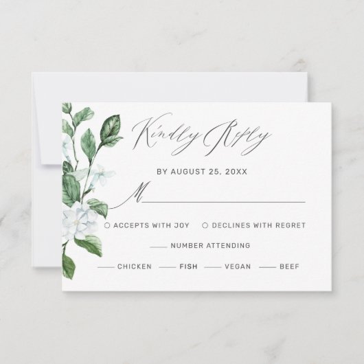 Modern Sage Greenery Wreath White Floral Wedding RSVP Kaartje (Voorkant)