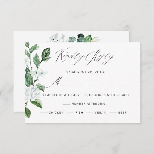 Modern Sage Greenery Wreath White Floral Wedding RSVP Kaartje (Voorkant / Achterkant)