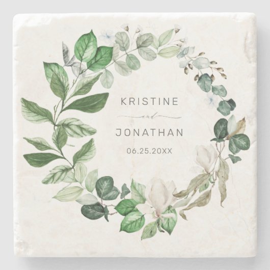 Modern Sage Greenery Wreath White Floral Wedding Stenen Onderzetter (Voorkant)
