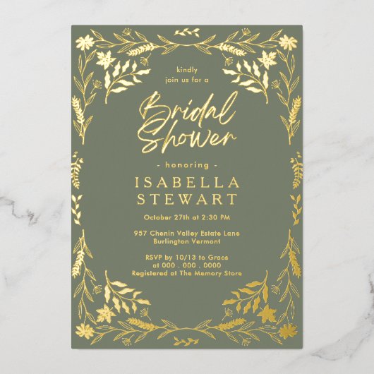 Modern Sage Groen Chic Boho Bloemen Vrijgezellenfe Folie Uitnodiging (Voorkant)