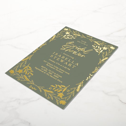 Modern Sage Groen Chic Boho Bloemen Vrijgezellenfe Folie Uitnodiging (Gedraaid)