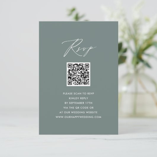 Modern Sage Groen Elegant Script QR Bruiloft RSVP (Staand voorkant)