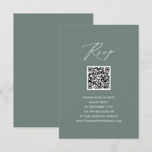 Modern Sage Groen Elegant Script QR Bruiloft RSVP (Voorkant / Achterkant)