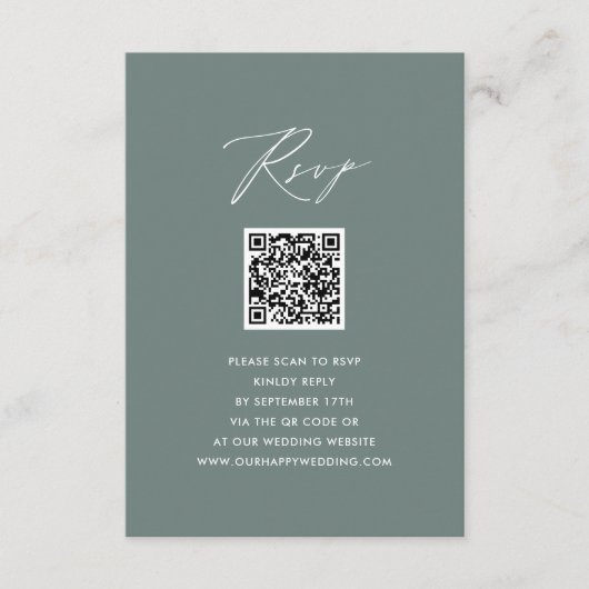 Modern Sage Groen Elegant Script QR Bruiloft RSVP Informatiekaartje (Voorkant)