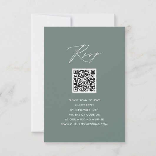Modern Sage Groen Elegant Script QR Bruiloft RSVP Kaartje (Voorkant)